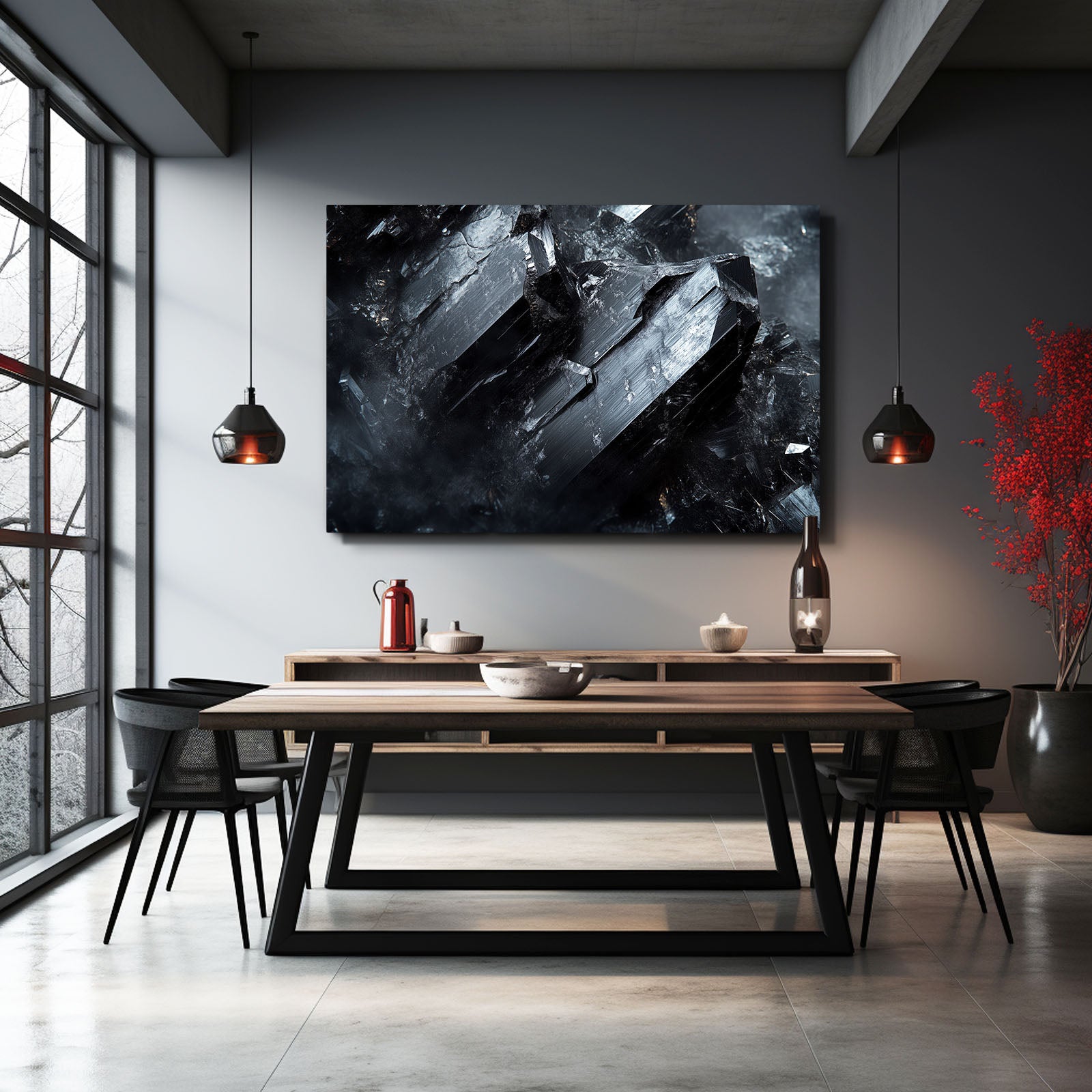 Black Crystal Smoke Abstract Wall Decor – styled in a furnished interior
