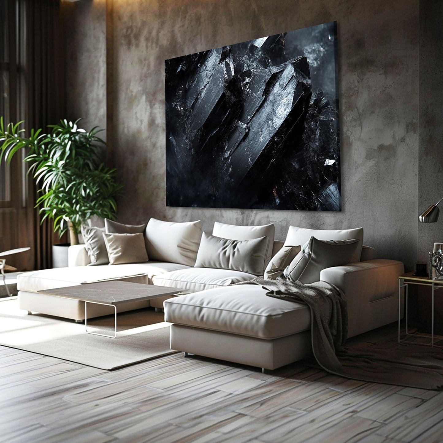 Black Crystal Smoke Abstract Wall Decor – styled in a furnished interior