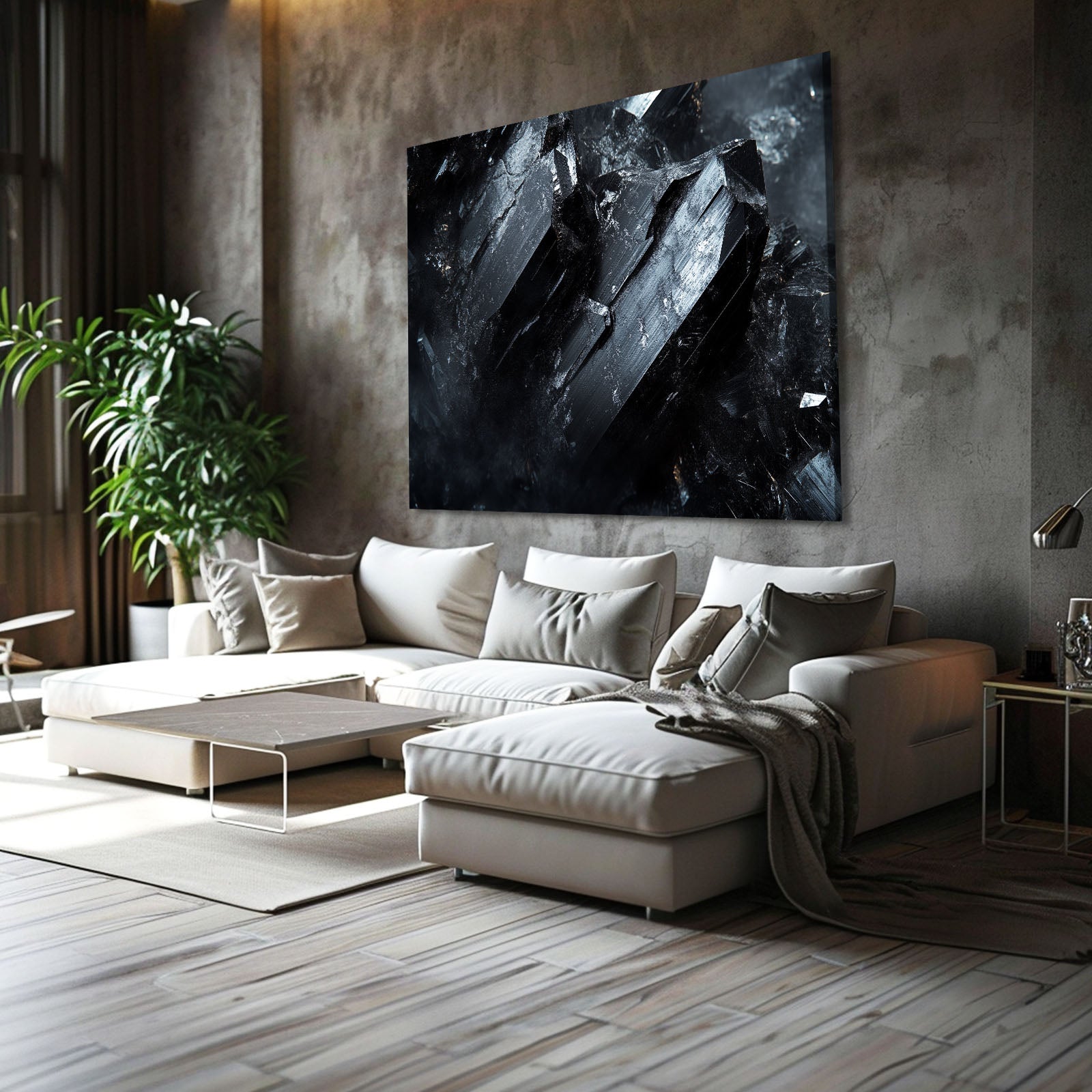 Black Crystal Smoke Abstract Wall Decor – styled in a furnished interior