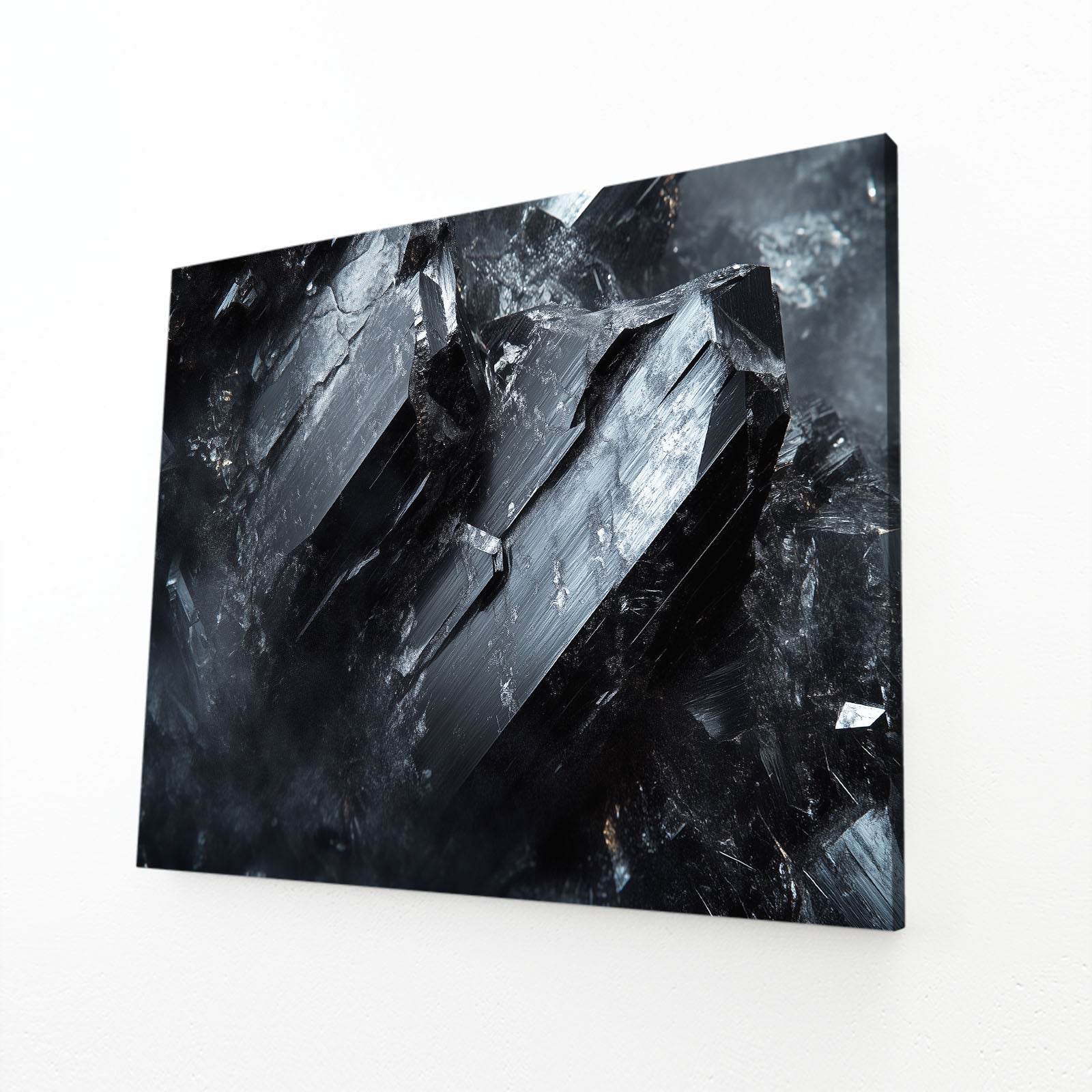 Black Crystal Smoke Abstract Wall Decor – angled canvas view on white background
