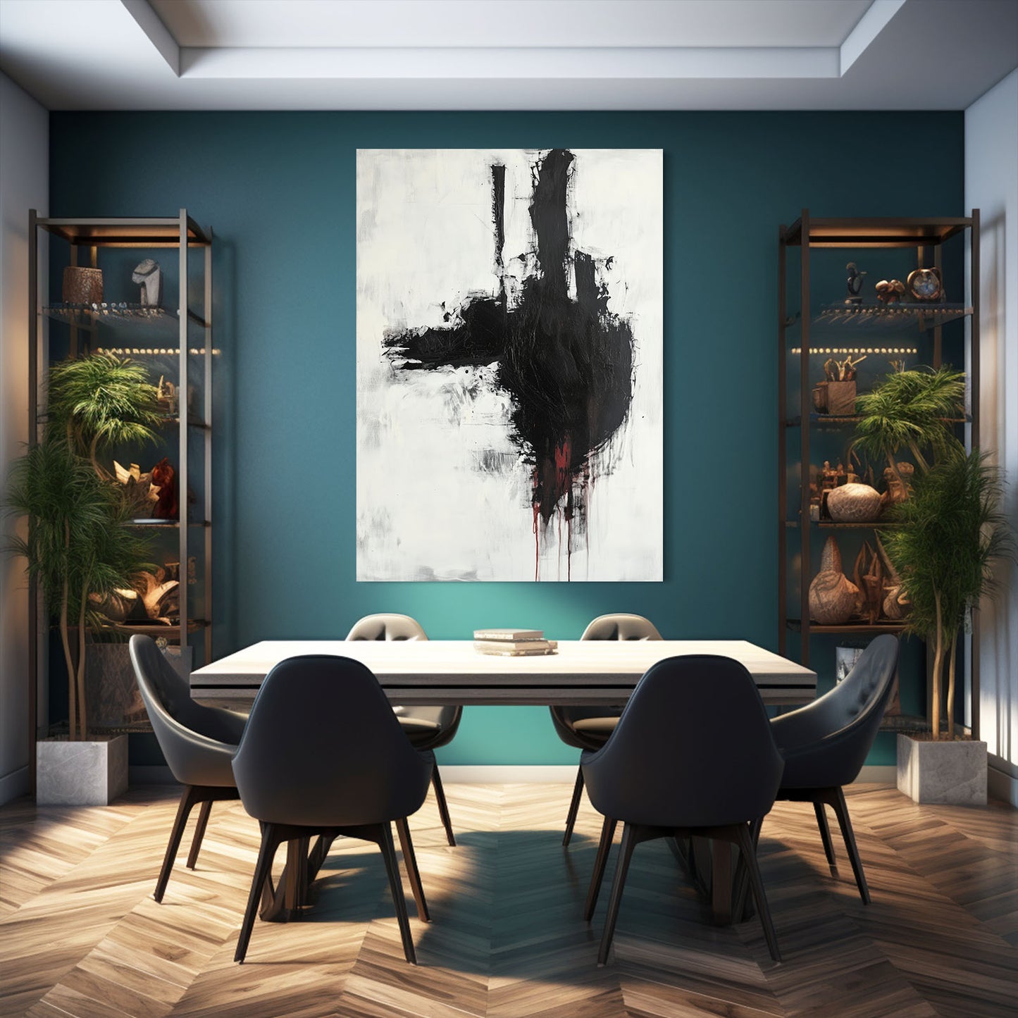 Black Drip Gesture Abstract Art – styled in a furnished interior