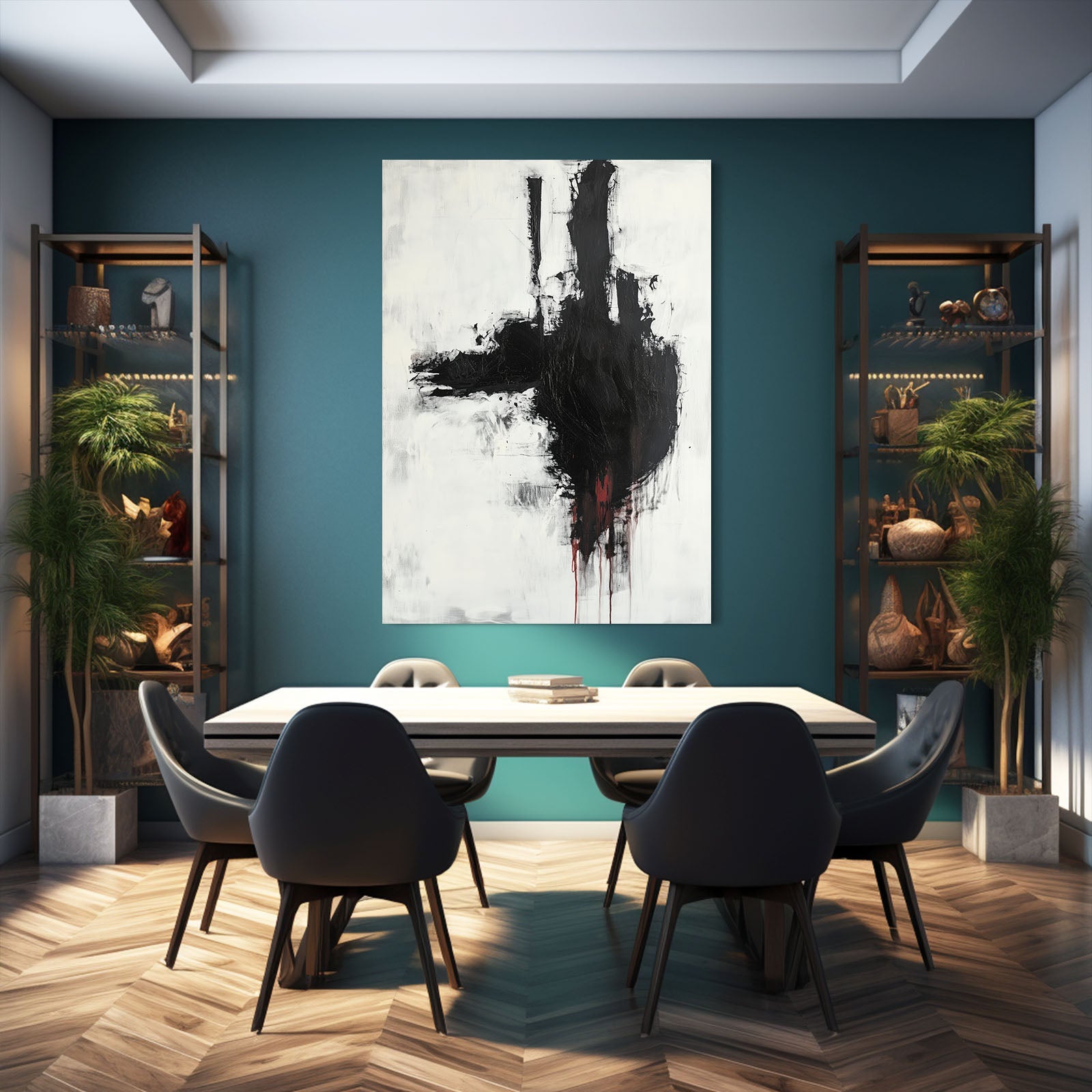 Black Drip Gesture Abstract Art – styled in a furnished interior