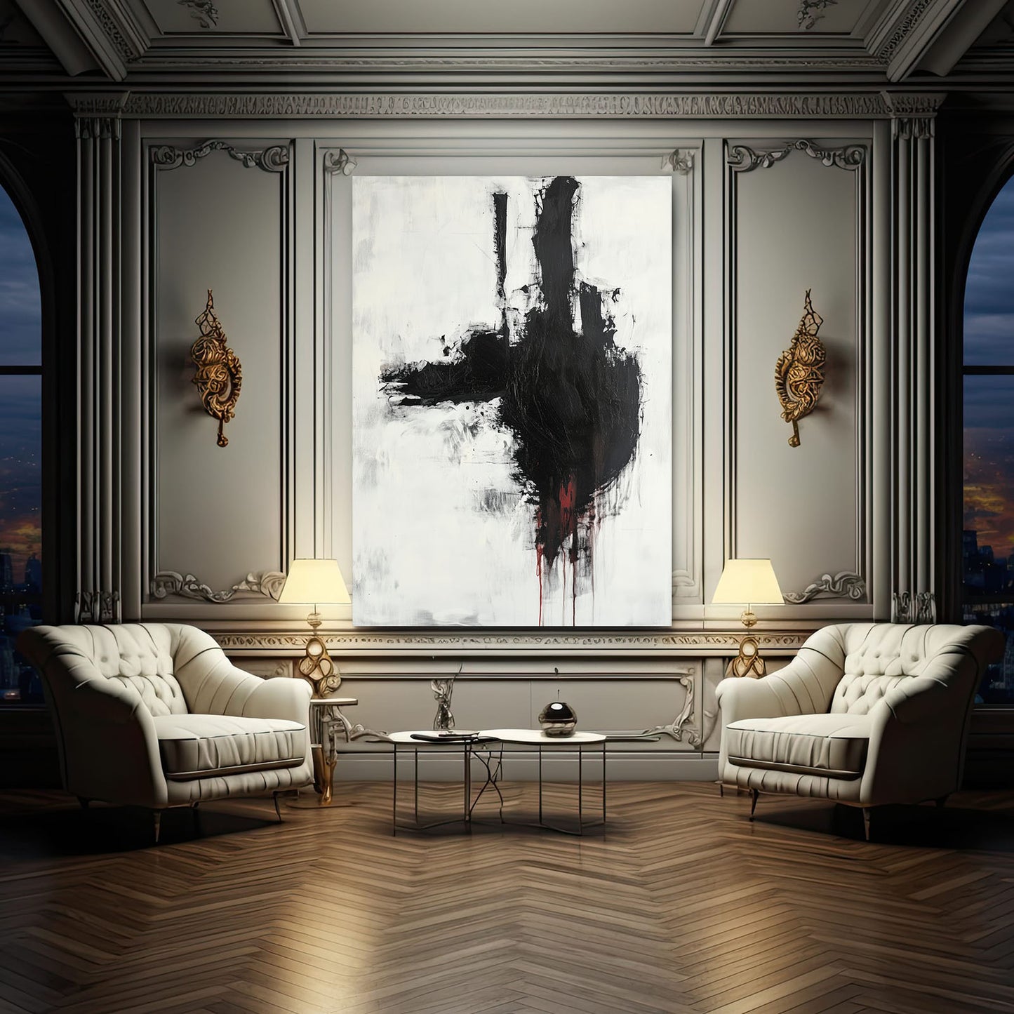 Black Drip Gesture Abstract Art – styled in a furnished interior