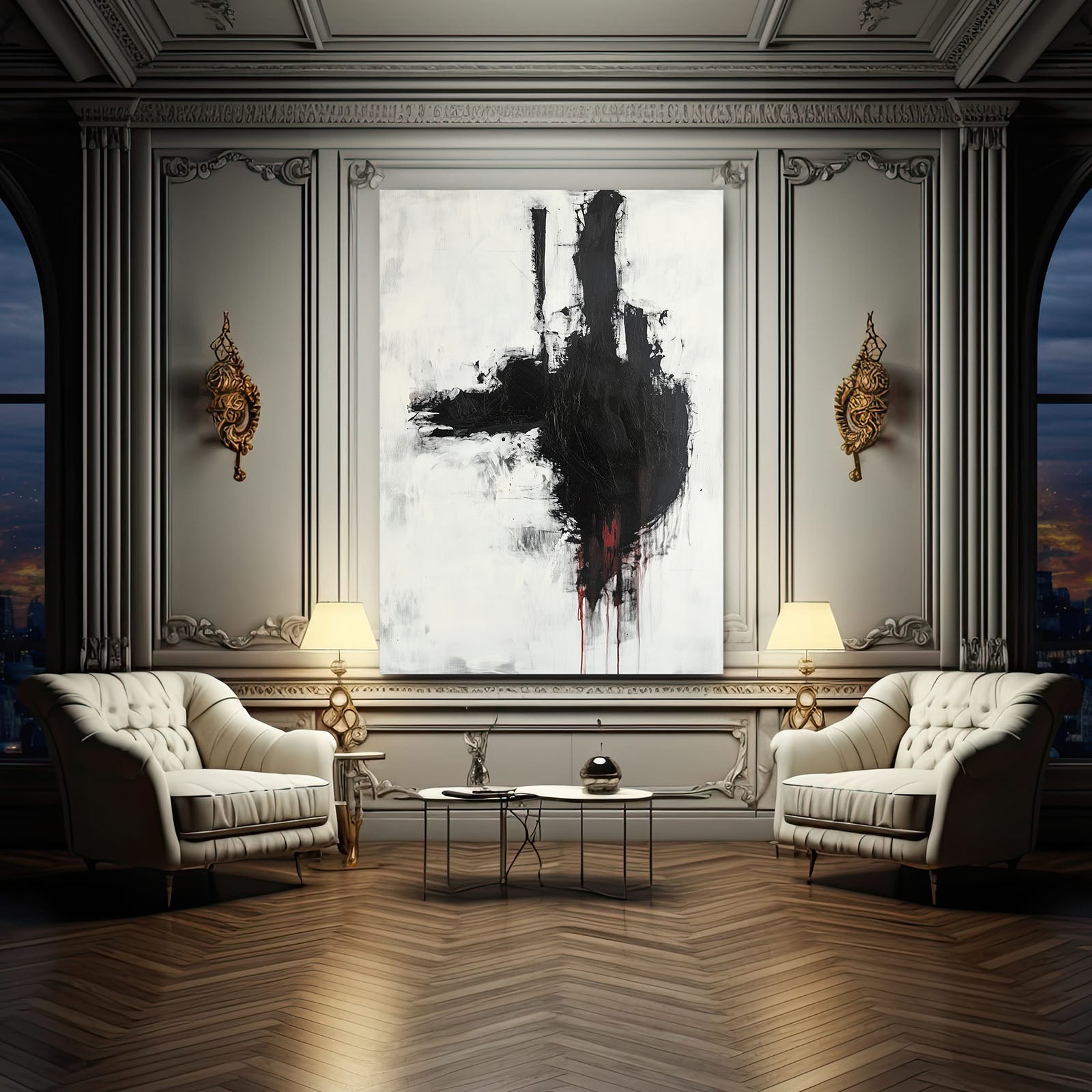 Black Drip Gesture Abstract Art – styled in a furnished interior