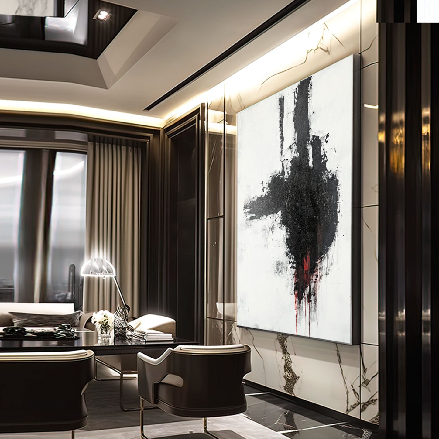 Black Drip Gesture Abstract Art – styled in a furnished interior