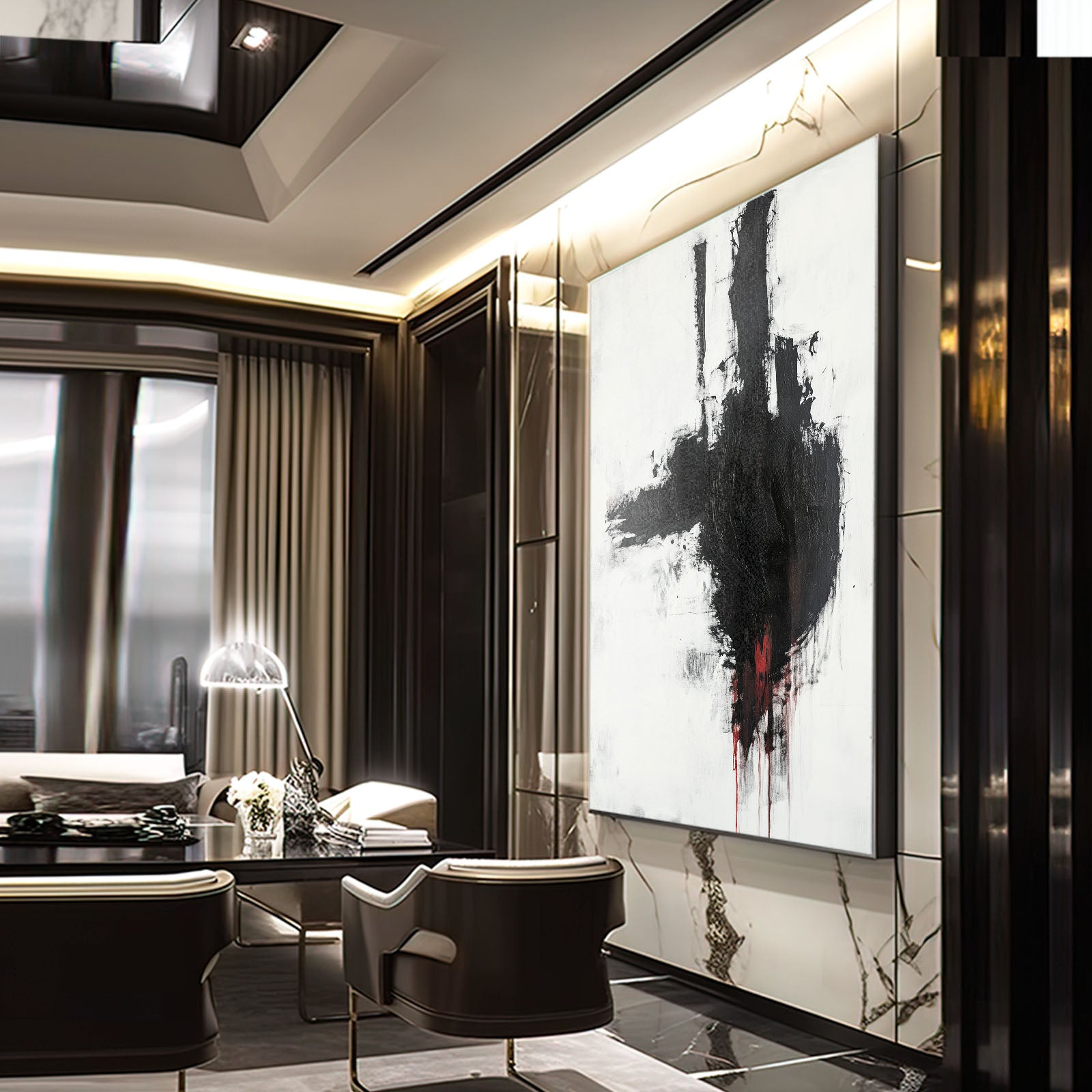 Black Drip Gesture Abstract Art – styled in a furnished interior