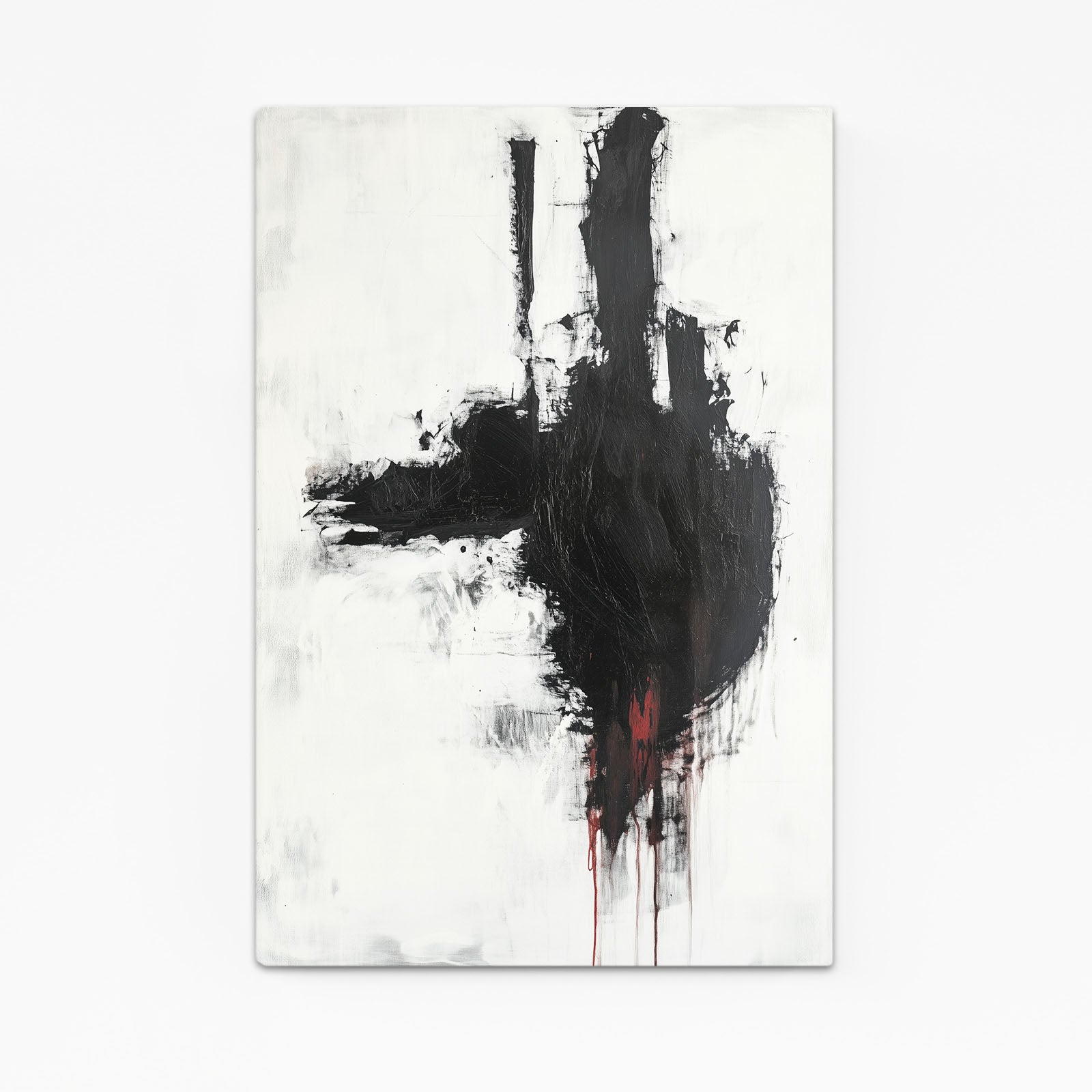 Black Drip Gesture Abstract Art – angled canvas view on white background