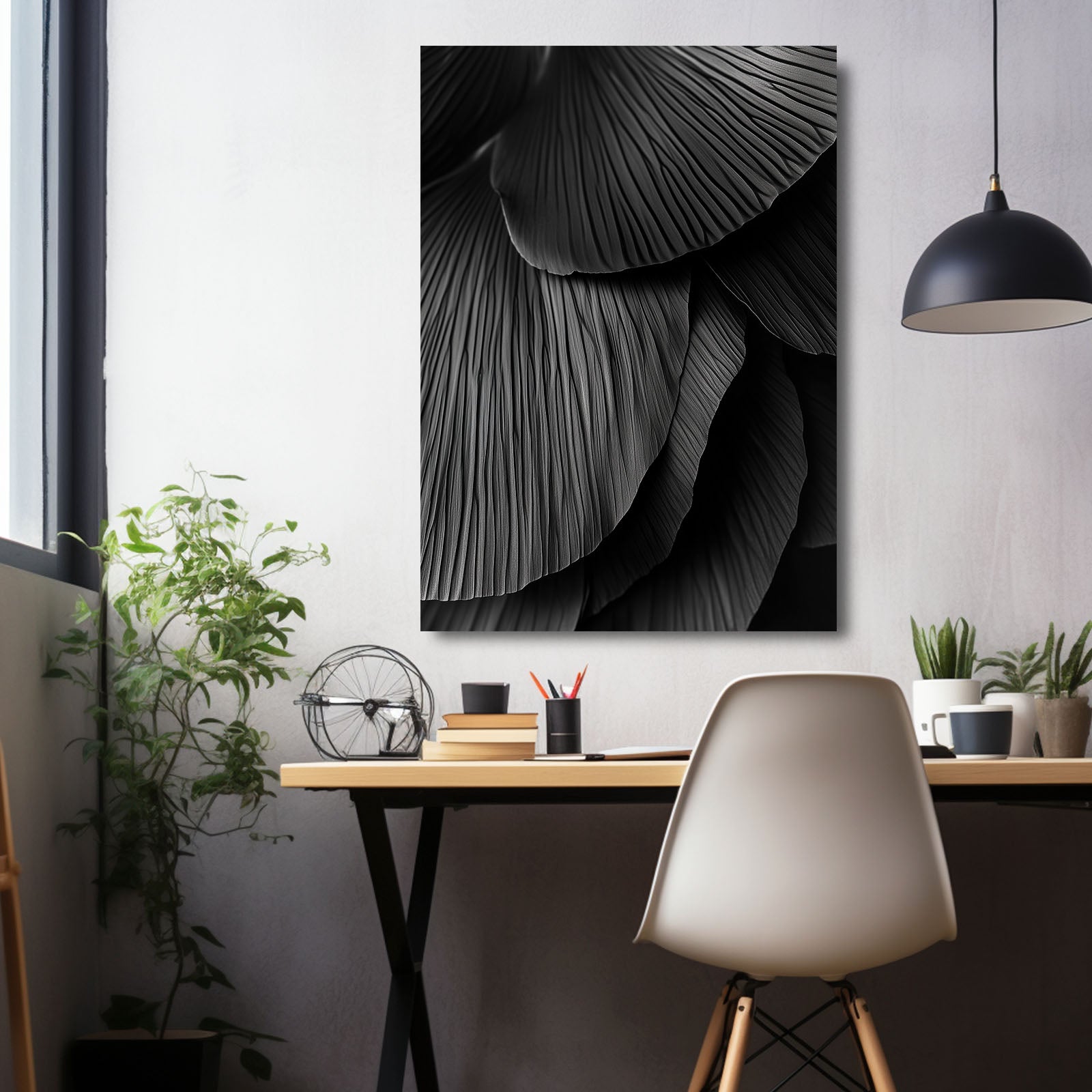 Black Fan Ripple Abstract Canvas Art – styled in a furnished interior