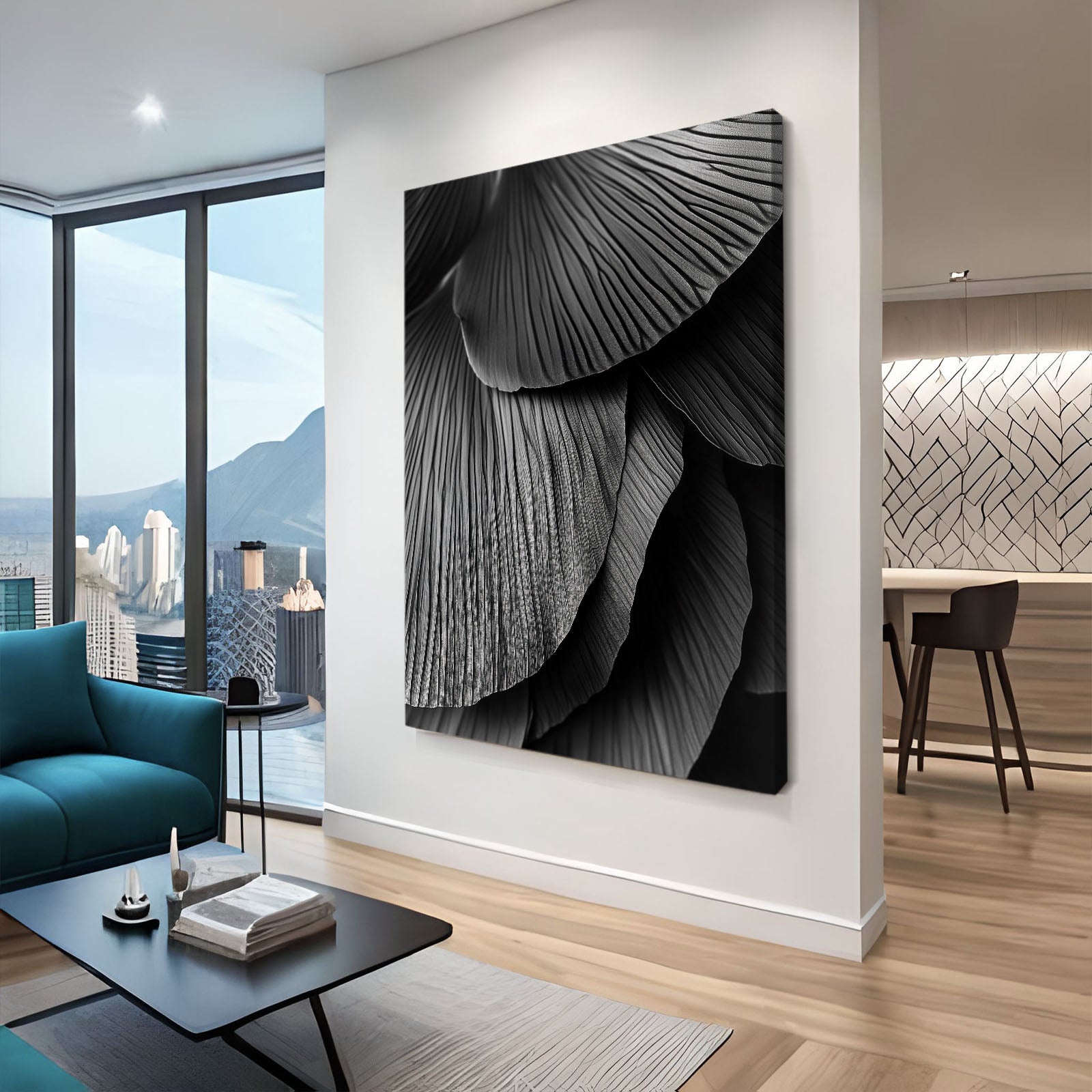 Black Fan Ripple Abstract Canvas Art – styled in a furnished interior