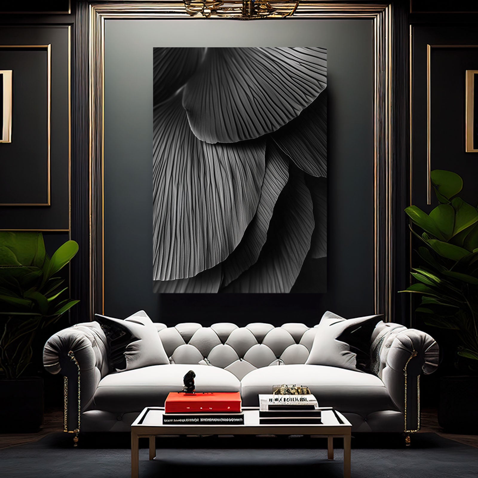 Black Fan Ripple Abstract Canvas Art – styled in a furnished interior