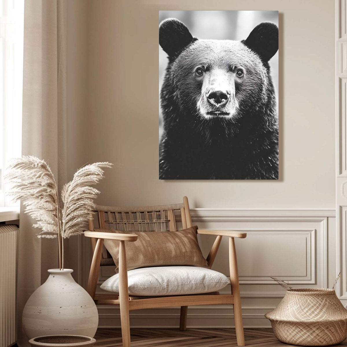 Black Fur Portrait Bear Wall Art — minimalist canvas print, styled in a furnished interior