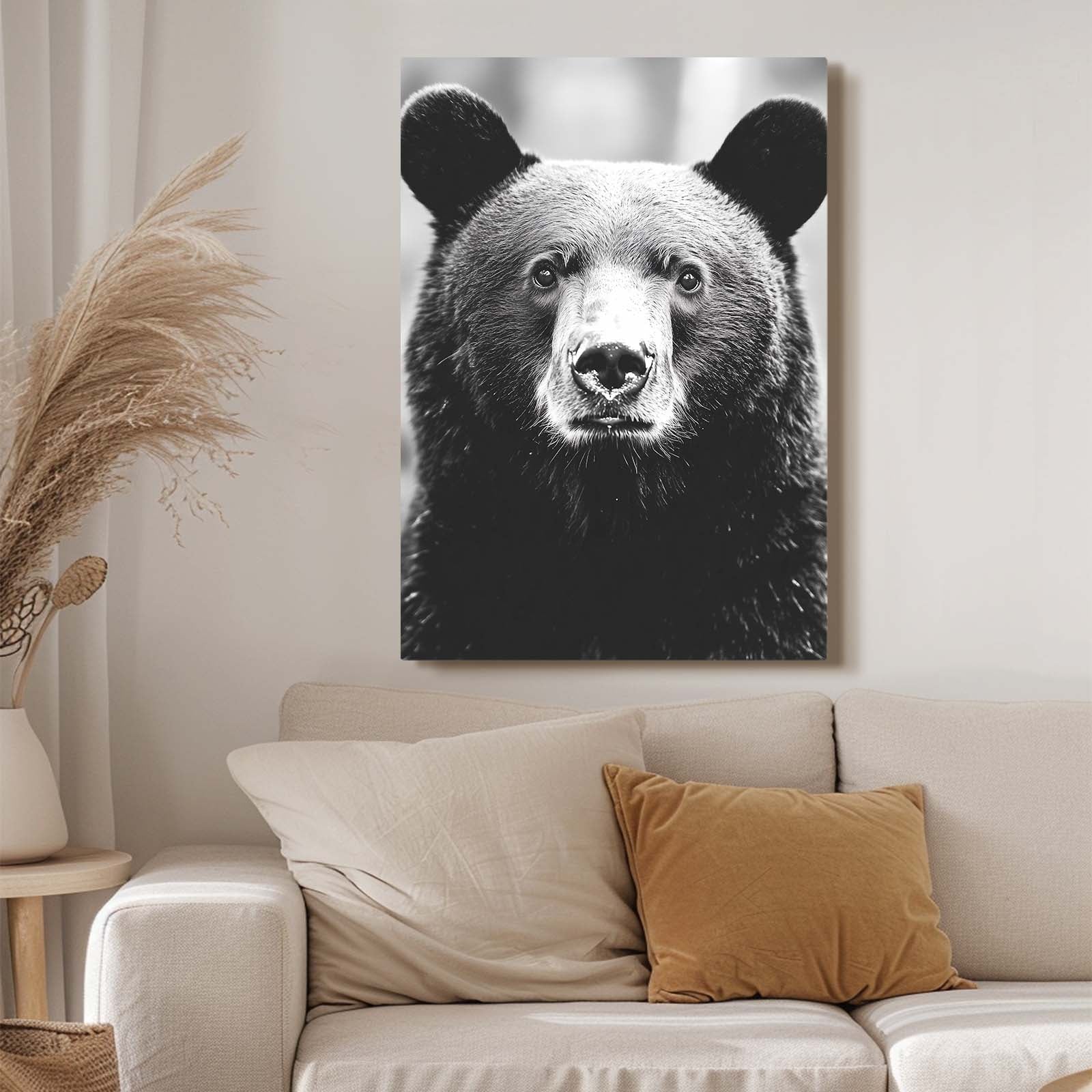 Black Fur Portrait Bear Wall Art — minimalist canvas print, styled in a furnished interior