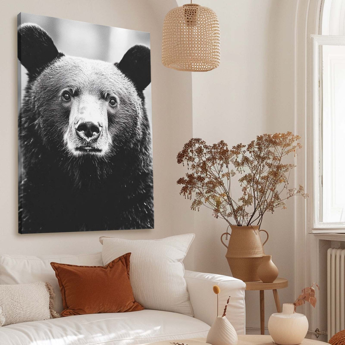 Black Fur Portrait Bear Wall Art — minimalist canvas print, styled in a furnished interior
