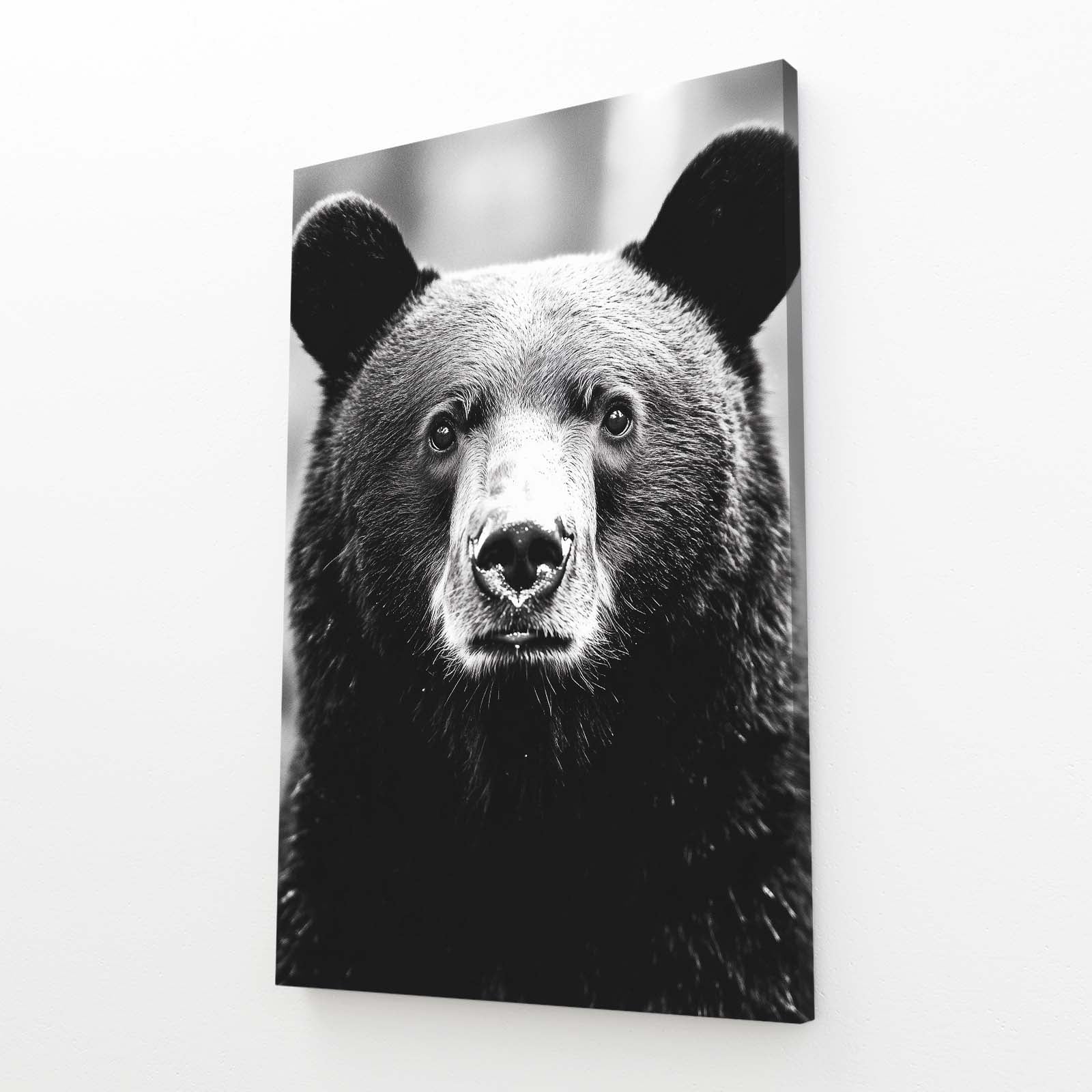 Black Fur Portrait Bear Wall Art — minimalist canvas print, angled canvas view on white background