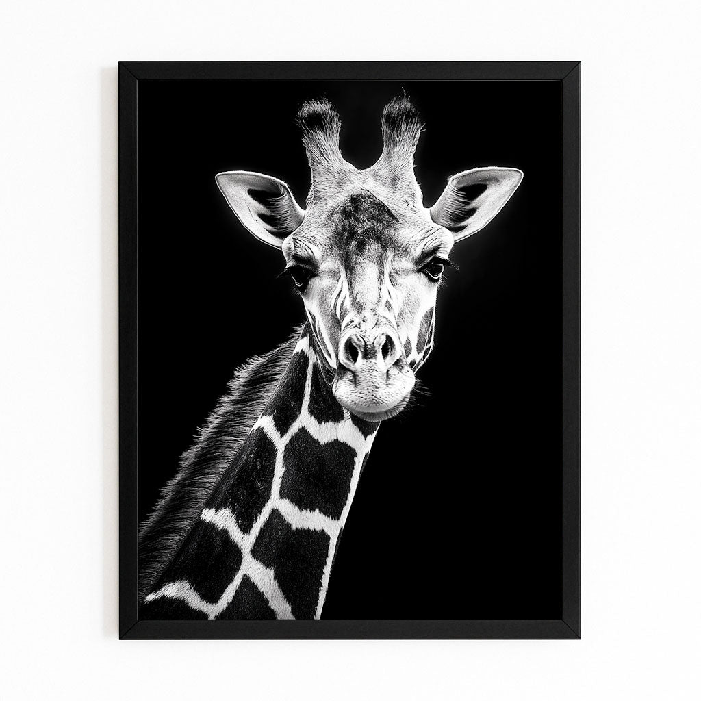 Framed black and white portrait of a giraffe on a white background