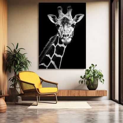 Giraffe painting on a wall in a modern living room with a yellow chair and plants.