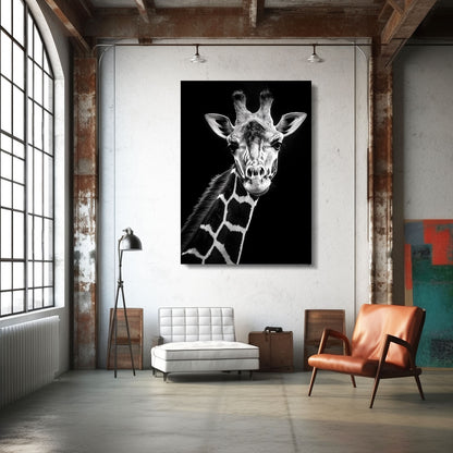 Giraffe painting on a wall in a modern room with furniture