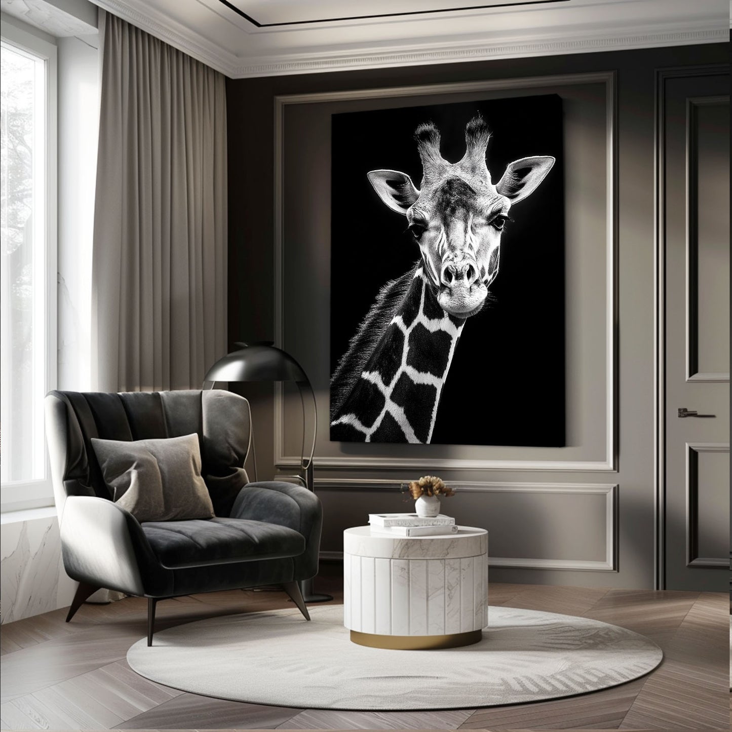 Modern living room with a large framed black and white giraffe portrait on the wall.