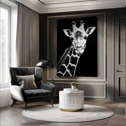 Modern living room with a large framed black and white giraffe portrait on the wall.