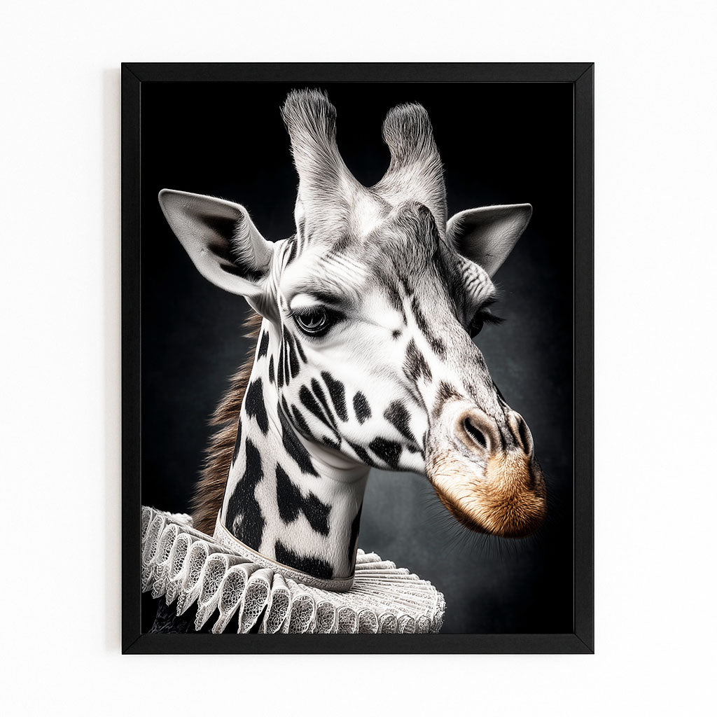 Framed artwork of a giraffe's head on a black background