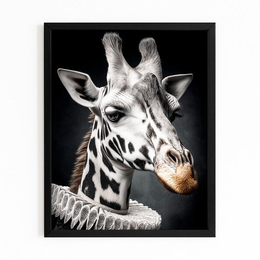 Framed artwork of a giraffe's head on a black background