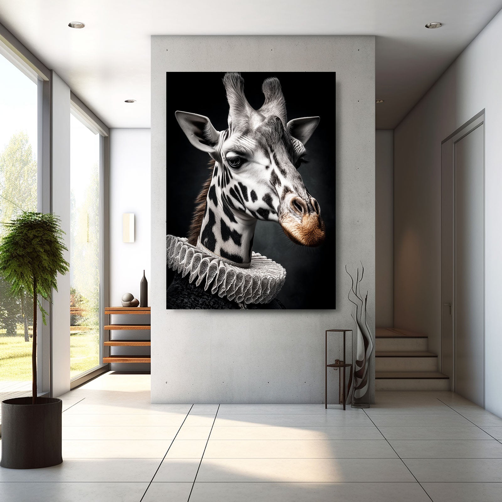 Giraffe painting on a wall in a modern interior setting