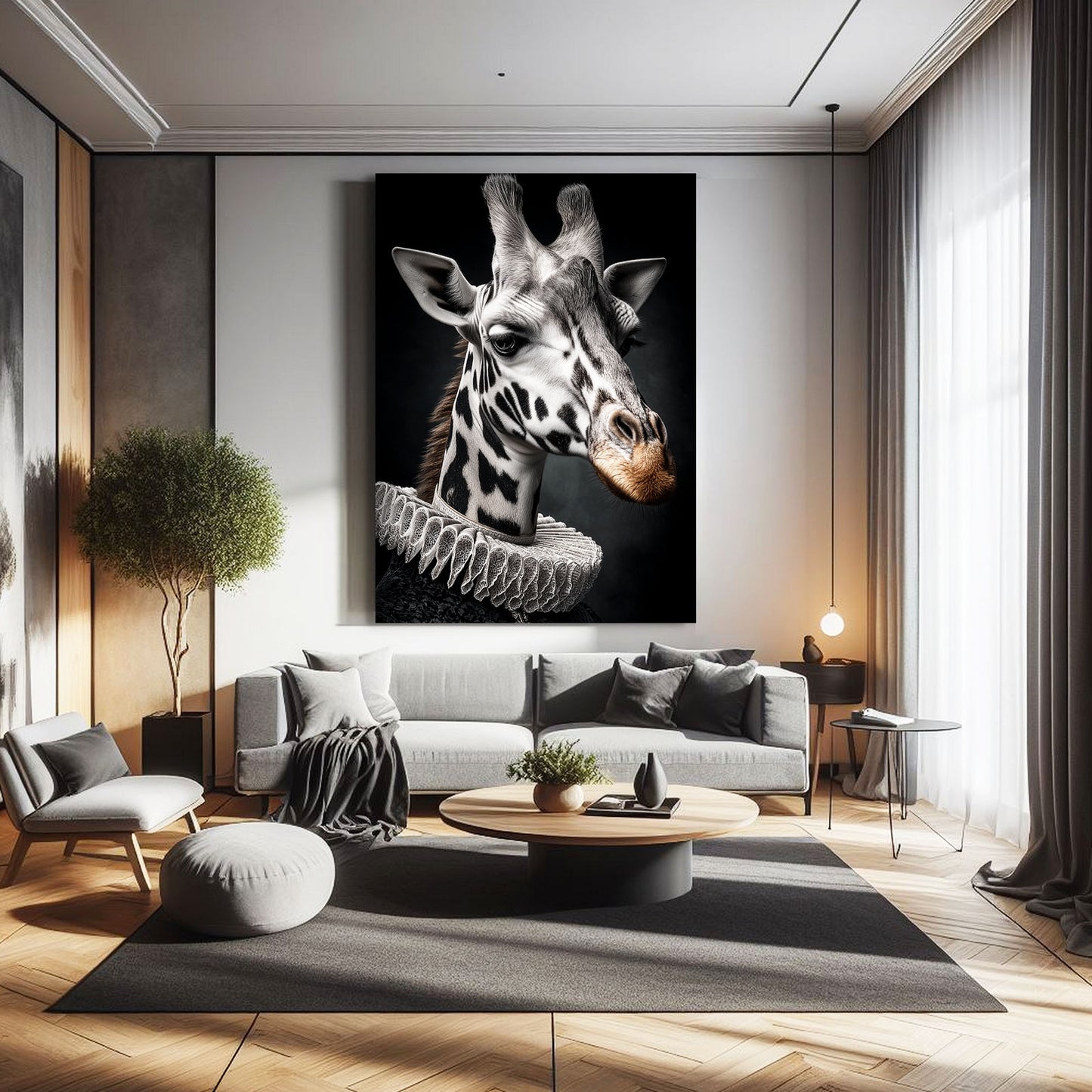 Modern living room with a large giraffe painting on the wall