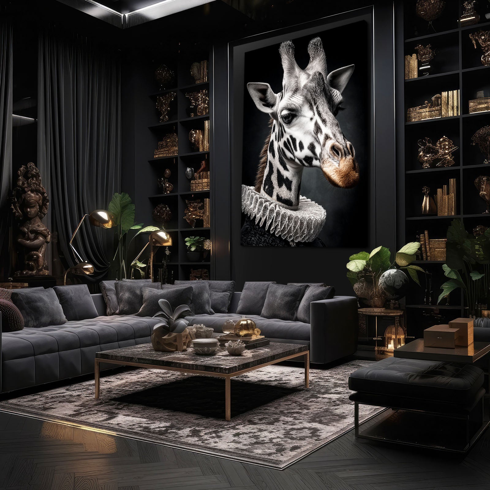 Modern living room with a giraffe artwork on the wall, dark decor, and bookshelves.