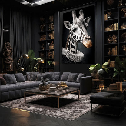 Modern living room with a giraffe artwork on the wall, dark decor, and bookshelves.