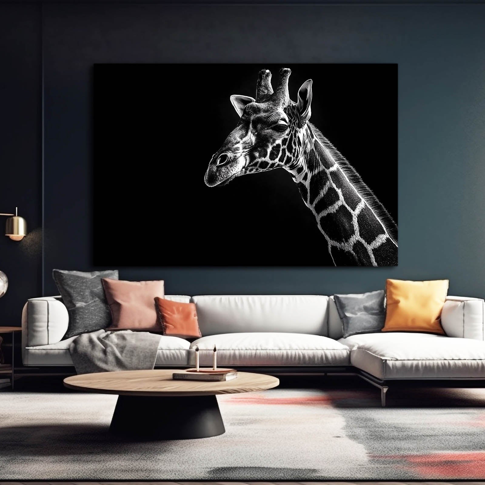 Living room with a large giraffe painting on the wall above a white sofa.