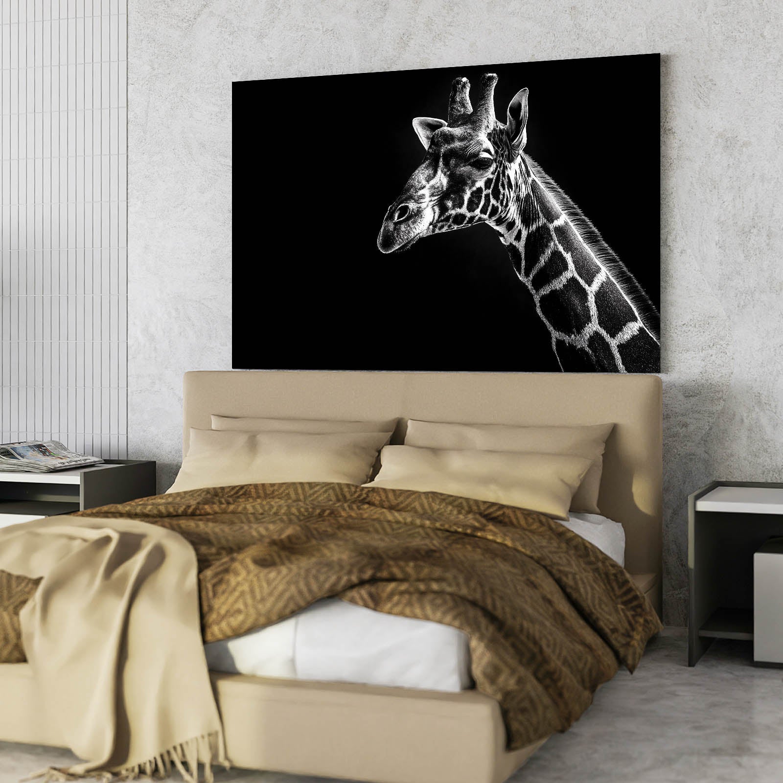 Bedroom with a large giraffe painting on the wall