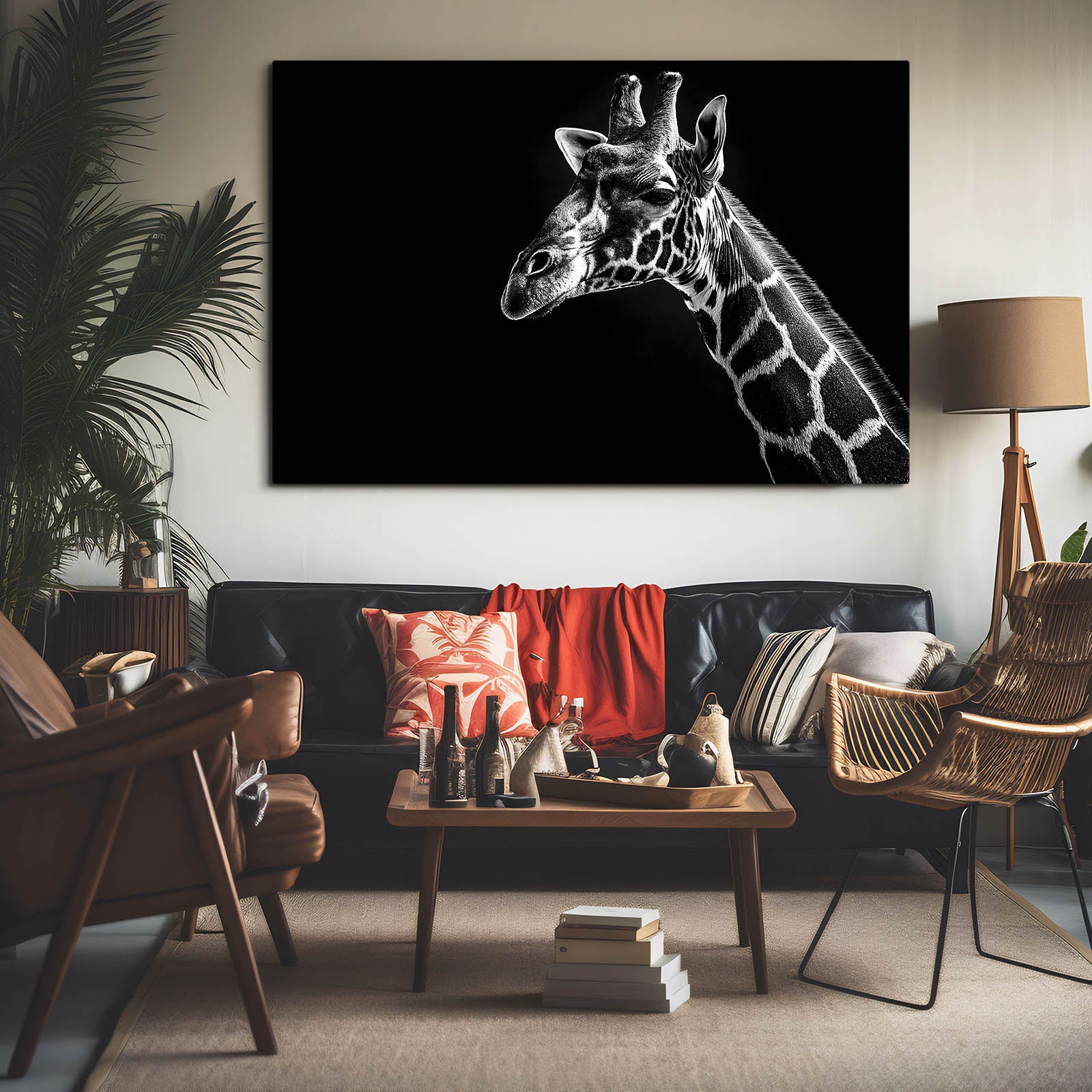 Living room with a giraffe painting on the wall, sofa, and chairs.
