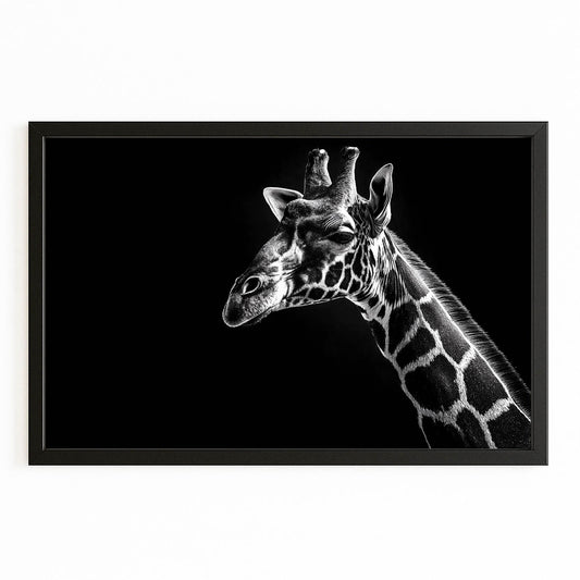 Framed black and white photograph of a giraffe on a white background