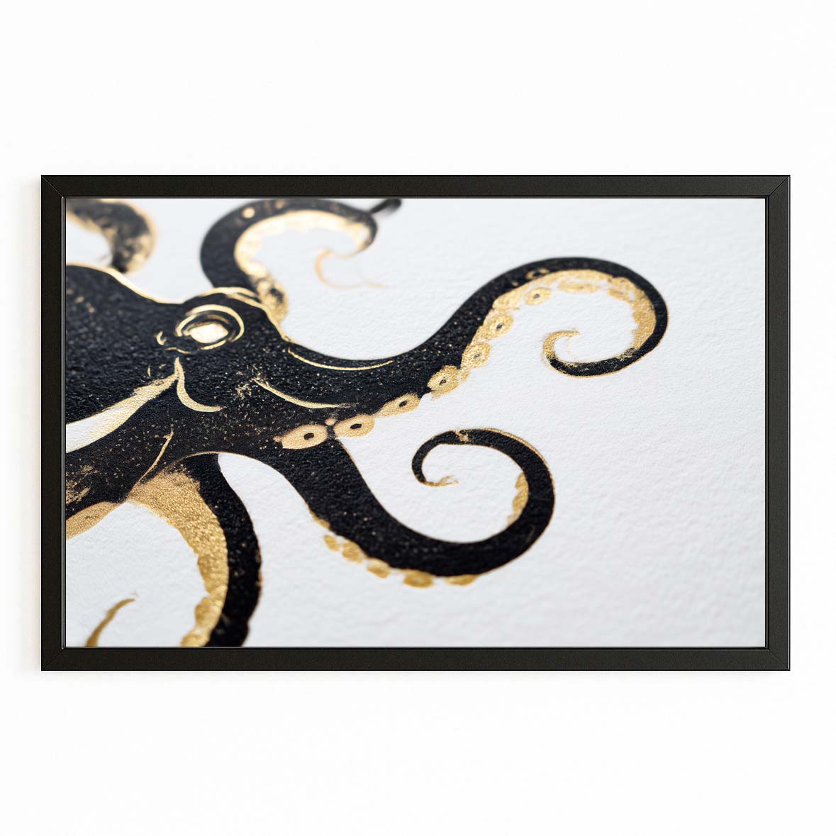 Black Gold Curl Octopus Wall Decor – with Premium Black frame on white background