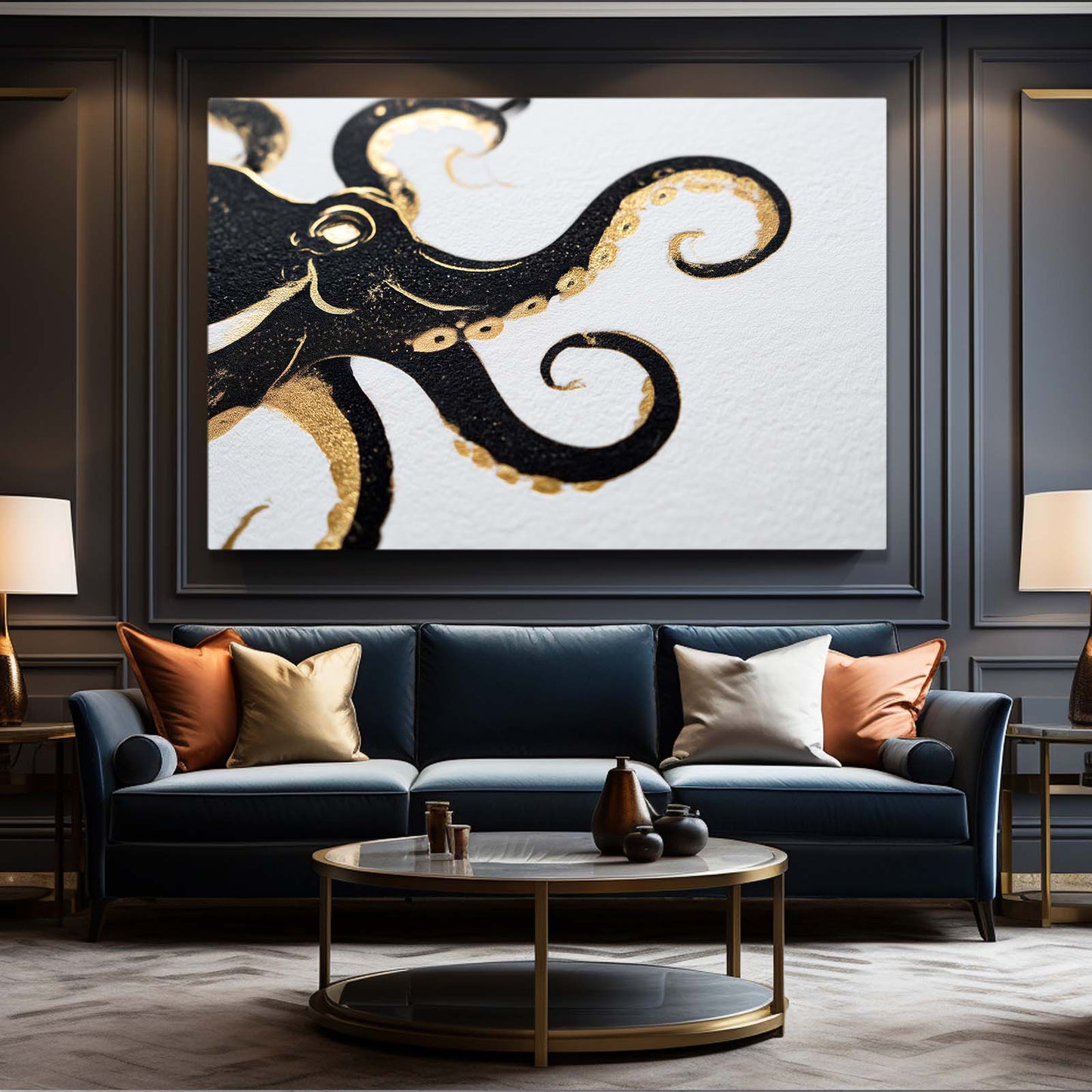 Black Gold Curl Octopus Wall Decor – styled in a furnished interior