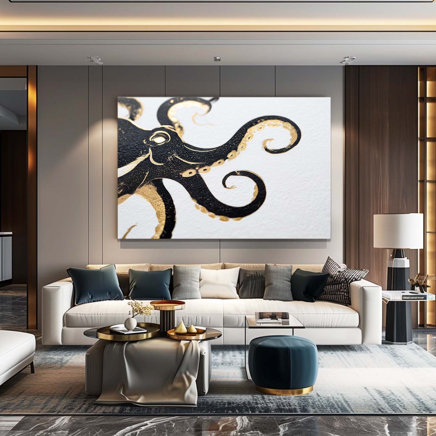 Black Gold Curl Octopus Wall Decor – styled in a furnished interior