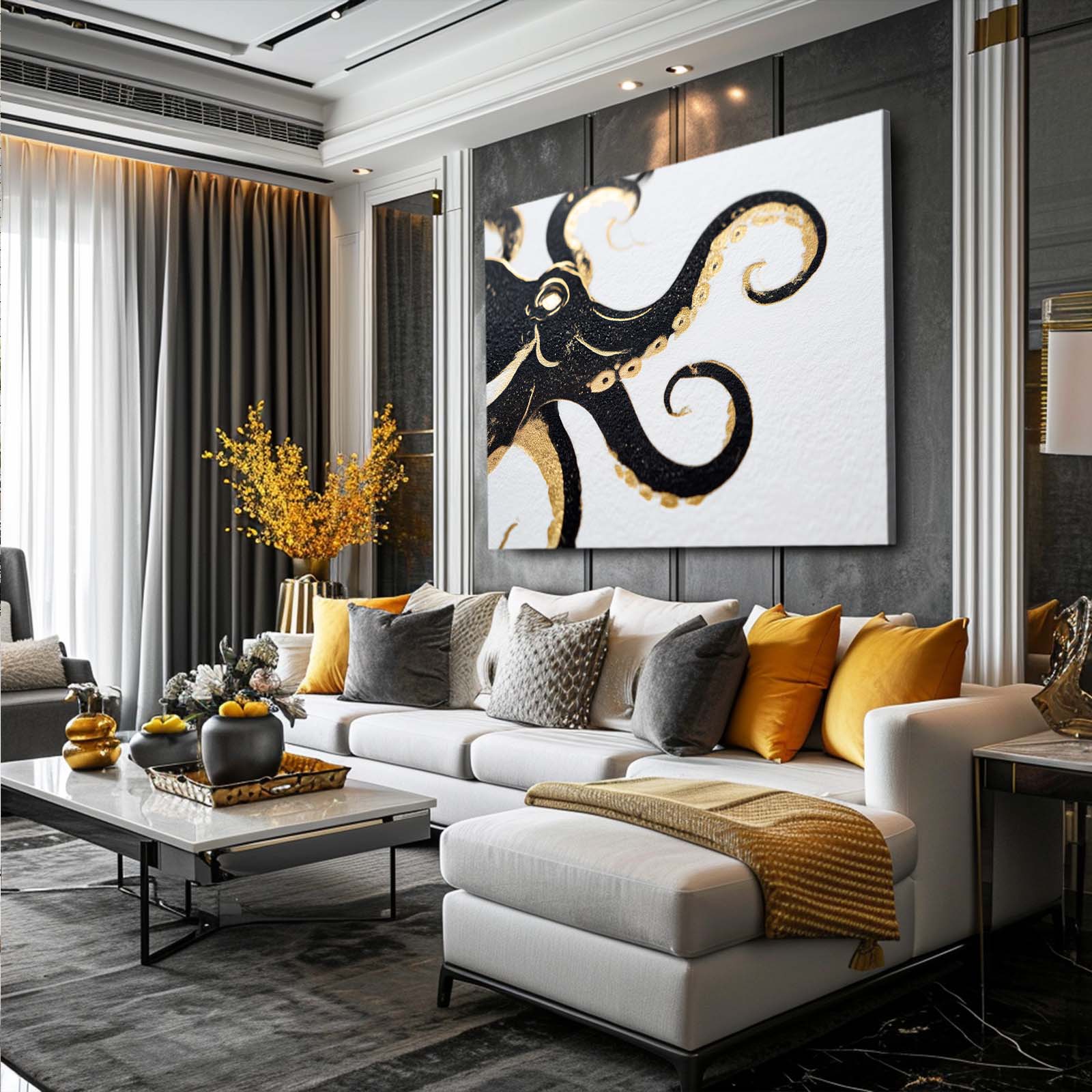Black Gold Curl Octopus Wall Decor – styled in a furnished interior