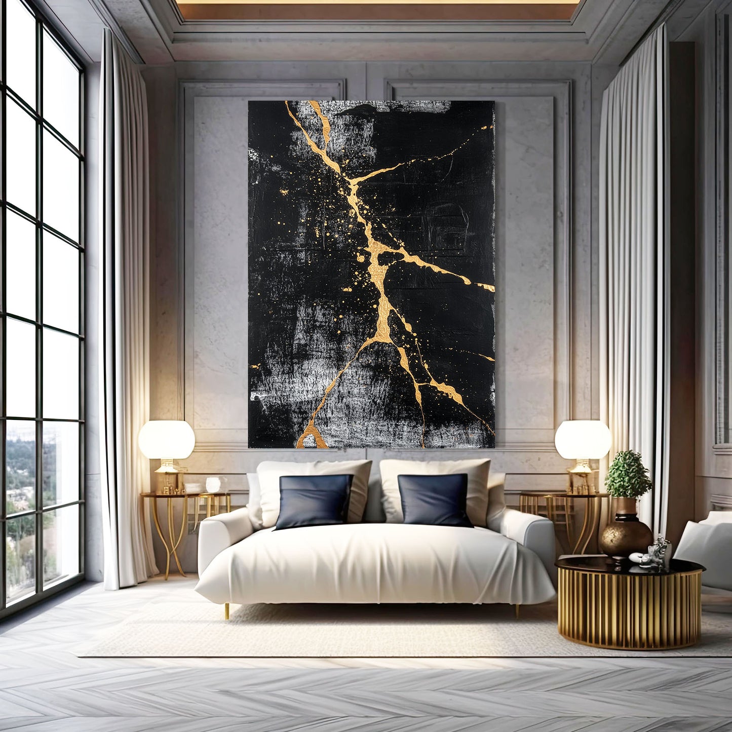Black Gold Fracture Abstract Canvas – styled in a furnished interior