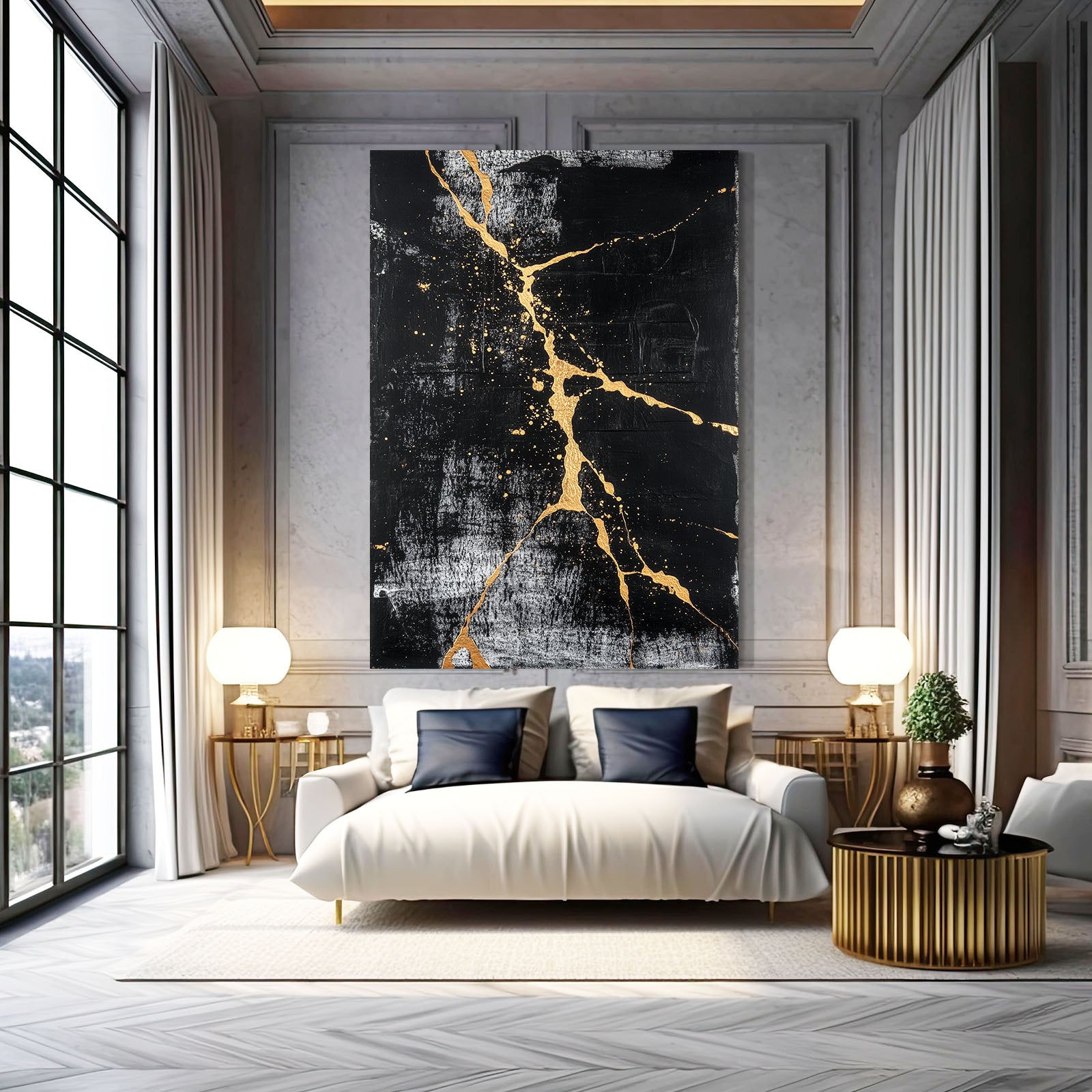Black Gold Fracture Abstract Canvas – styled in a furnished interior