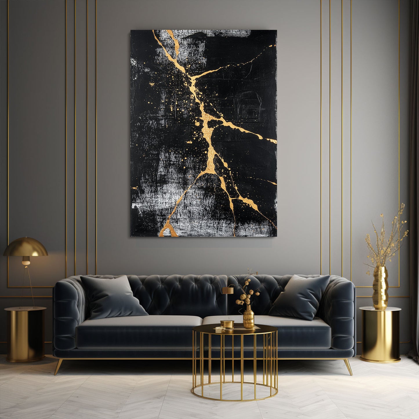 Black Gold Fracture Abstract Canvas – styled in a furnished interior