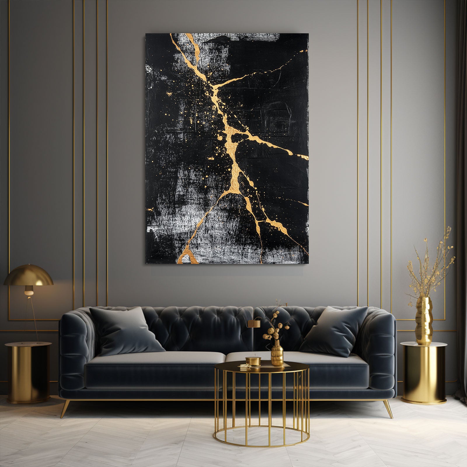 Black Gold Fracture Abstract Canvas – styled in a furnished interior