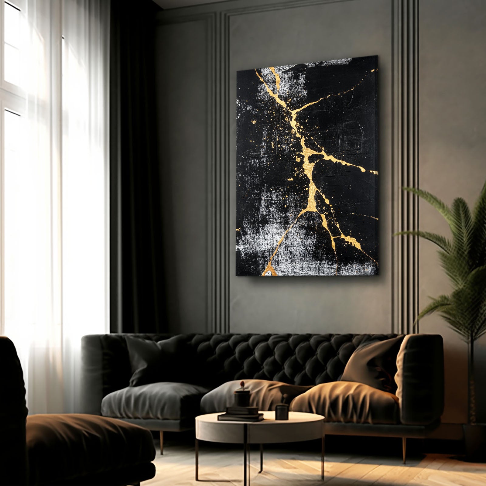 Black Gold Fracture Abstract Canvas – styled in a furnished interior