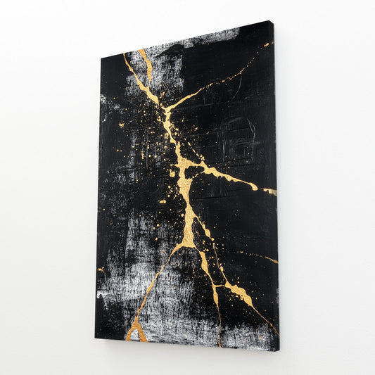 Black Gold Fracture Abstract Canvas – angled canvas view on white background