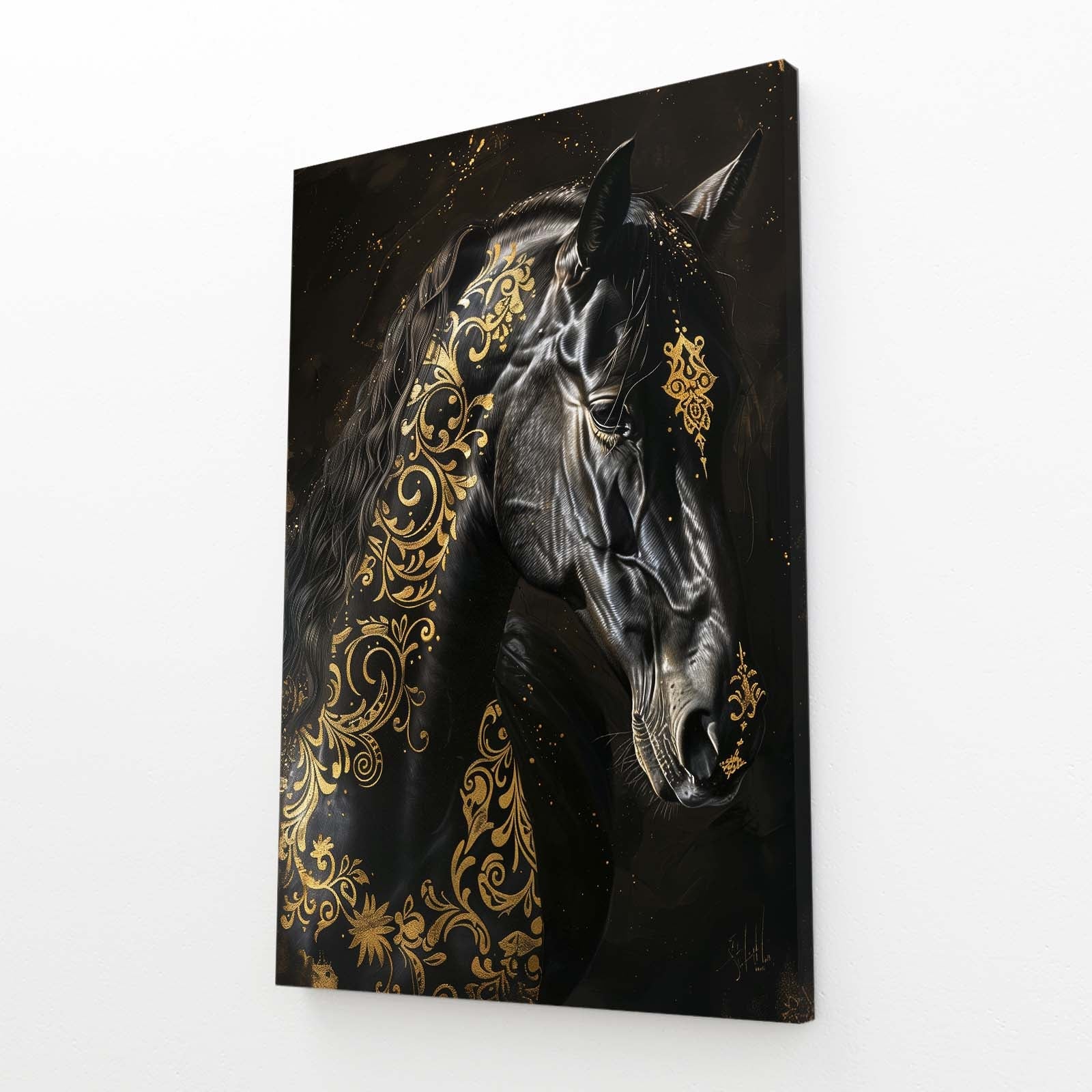 Black Gold Horse Prints – angled canvas view on white background