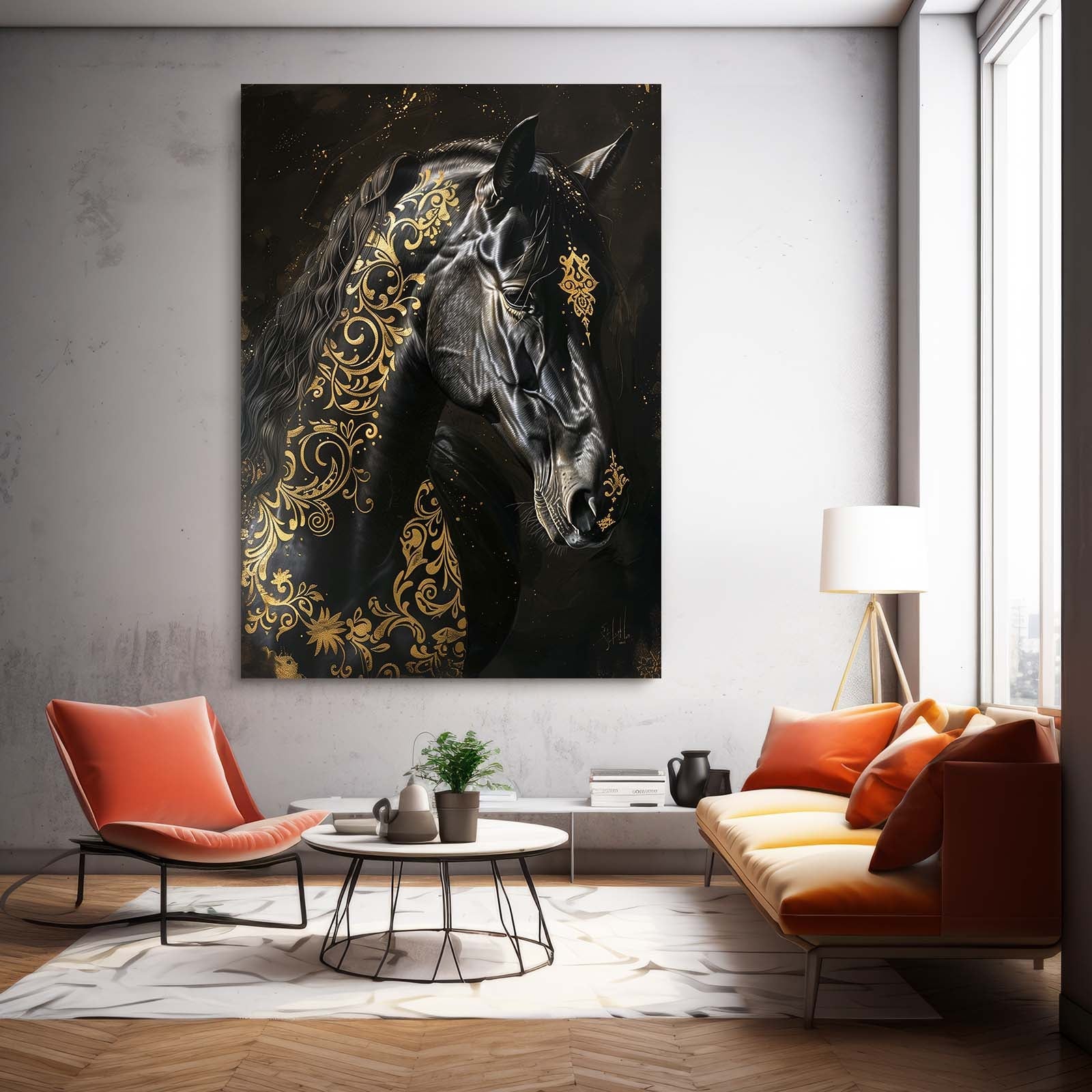 Black Gold Horse Prints – angled canvas view on white background