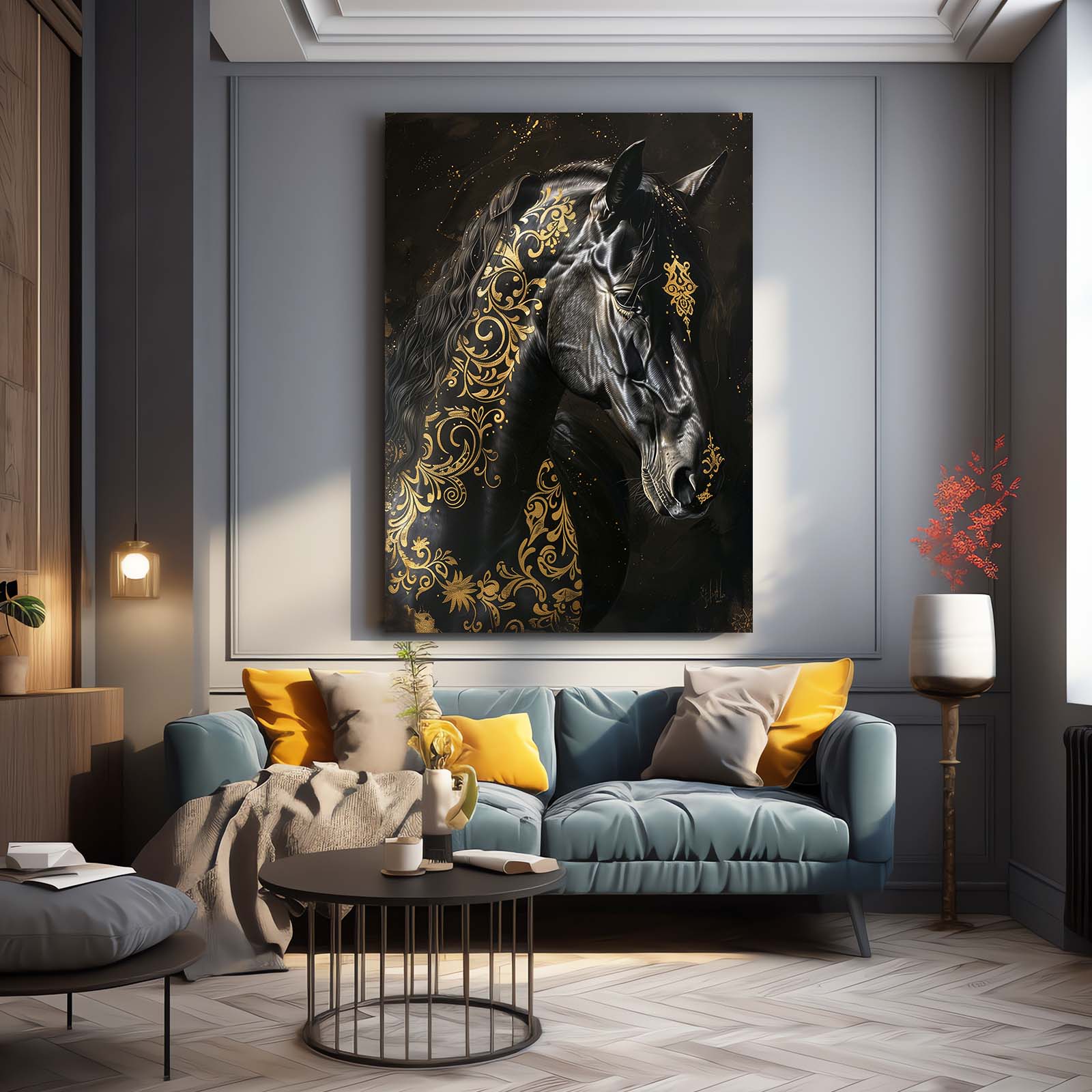 Black Gold Horse Prints – angled canvas view on white background