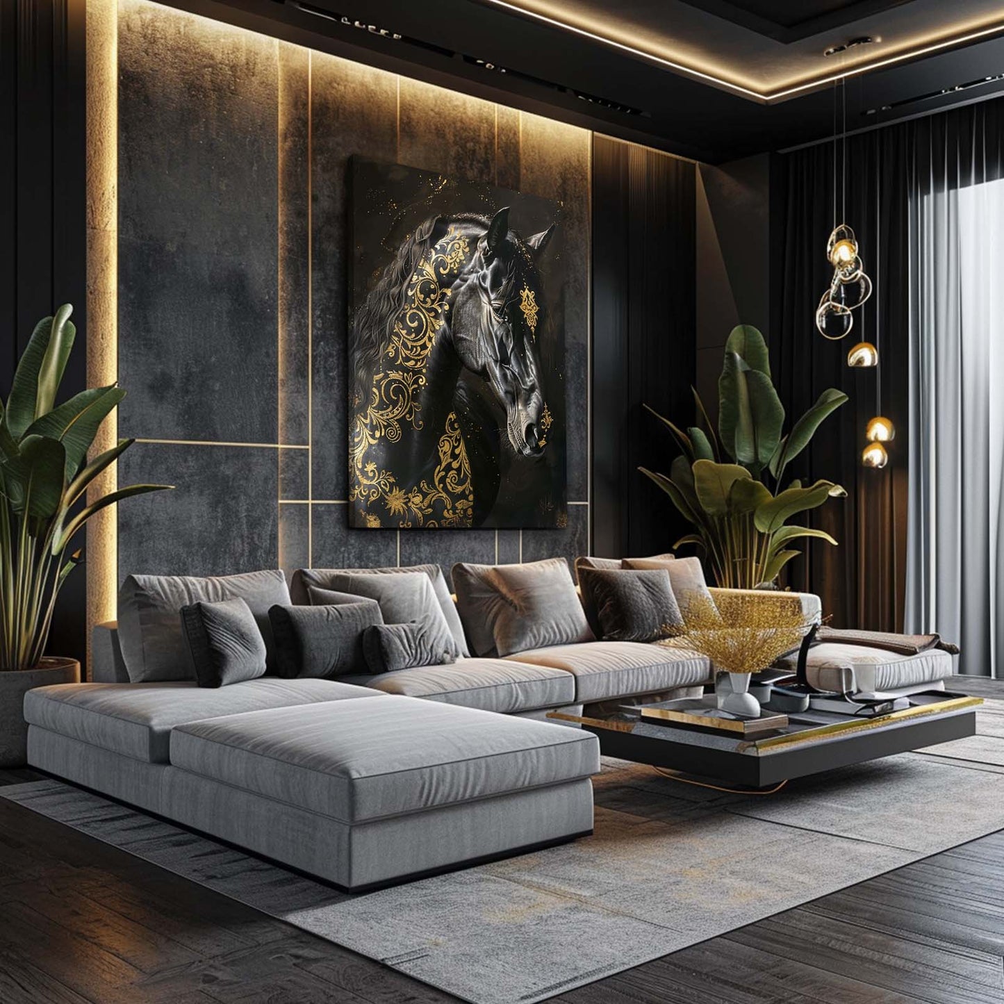 Black Gold Horse Prints – angled canvas view on white background