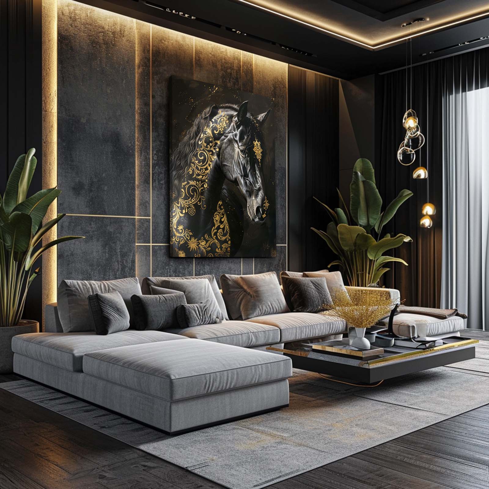 Black Gold Horse Prints – angled canvas view on white background