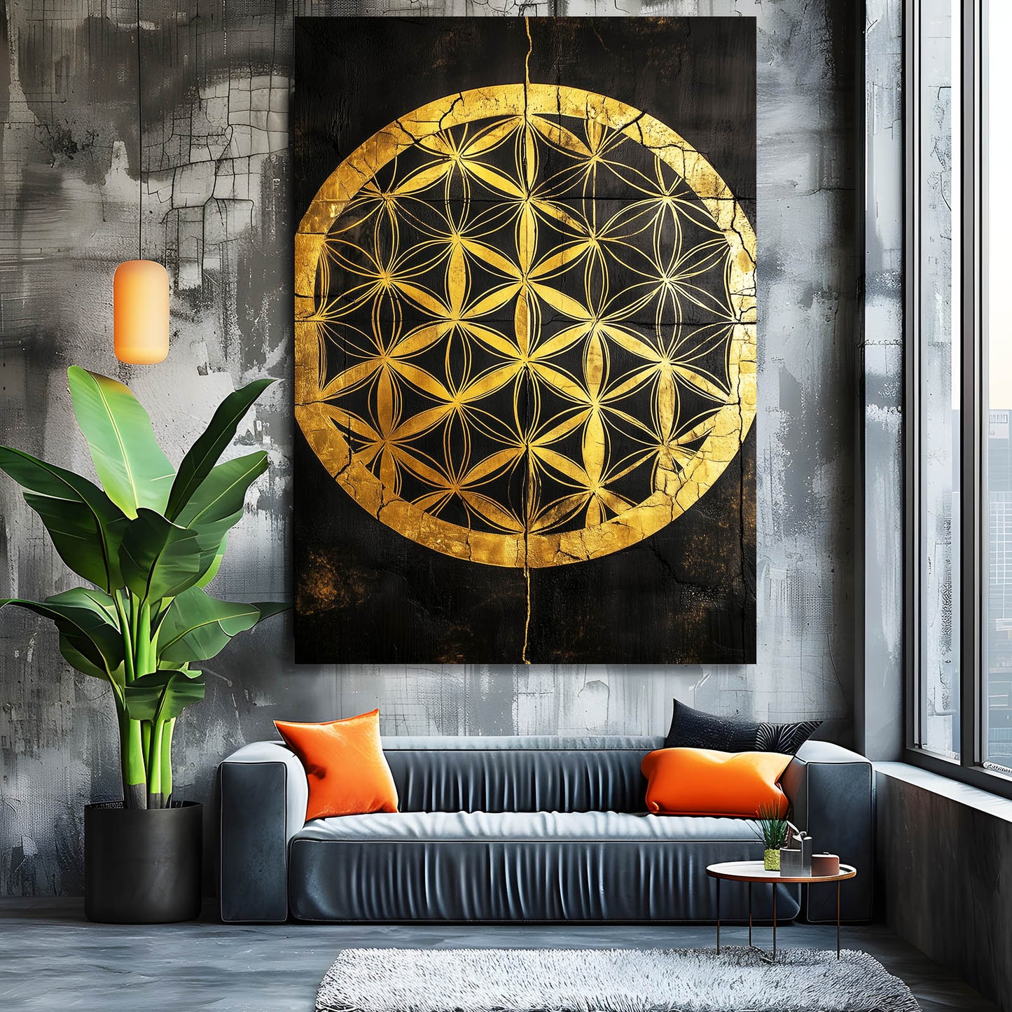 Black Gold Medallion Flower Of Life Wall Decor – styled in a furnished interior