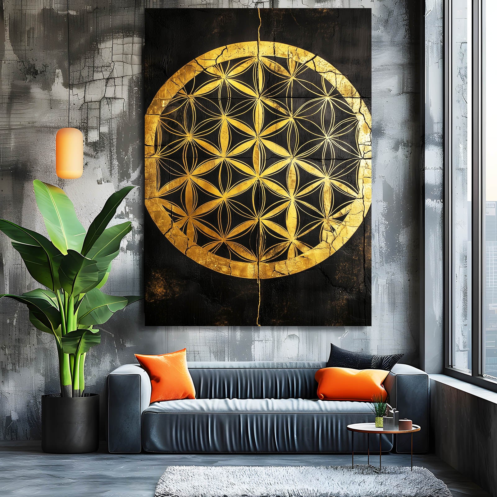 Black Gold Medallion Flower Of Life Wall Decor – styled in a furnished interior